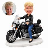 custom bobblehead figure female rider seated on a touring motorcycle