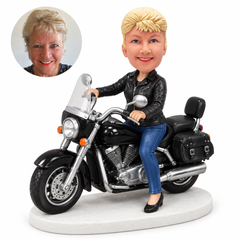custom bobblehead figure female rider seated on a touring motorcycle