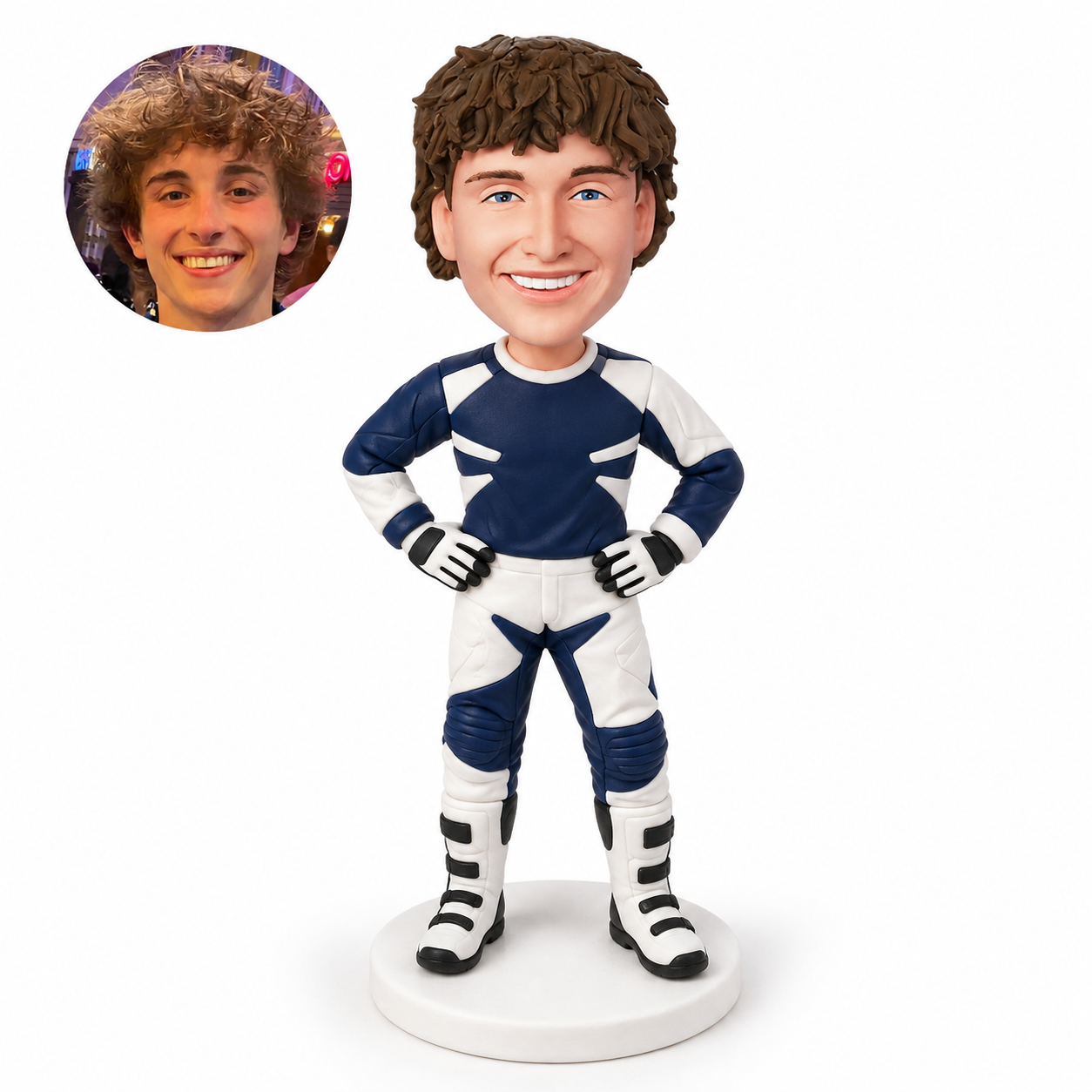 custom bobblehead figure male motocross rider standing with both hands on his hips