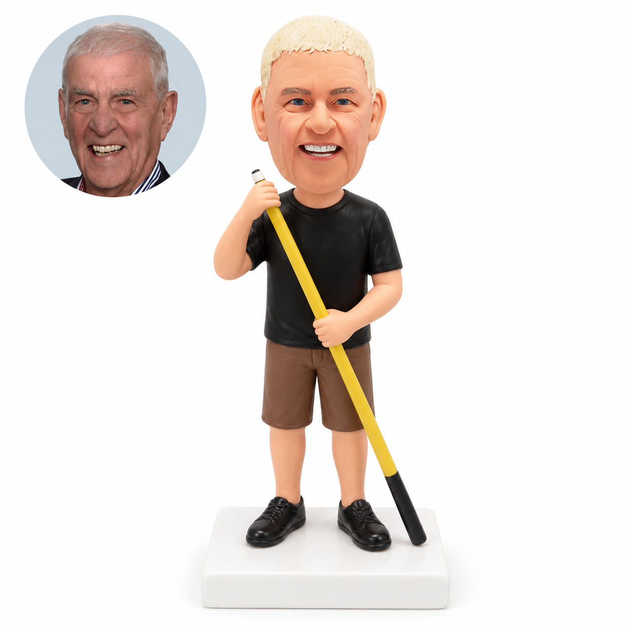 custom bobblehead figure male billiards player in a T-shirt and shorts holding a cue