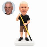 custom bobblehead figure male billiards player in a T-shirt and shorts holding a cue