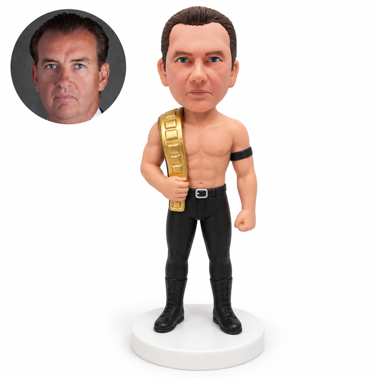 custom bobblehead figure male wrestler in full trousers holding a shoulder championship belt