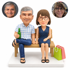 custom bobblehead figures casual couple seated on a bench with a beer bottle and two shopping bags