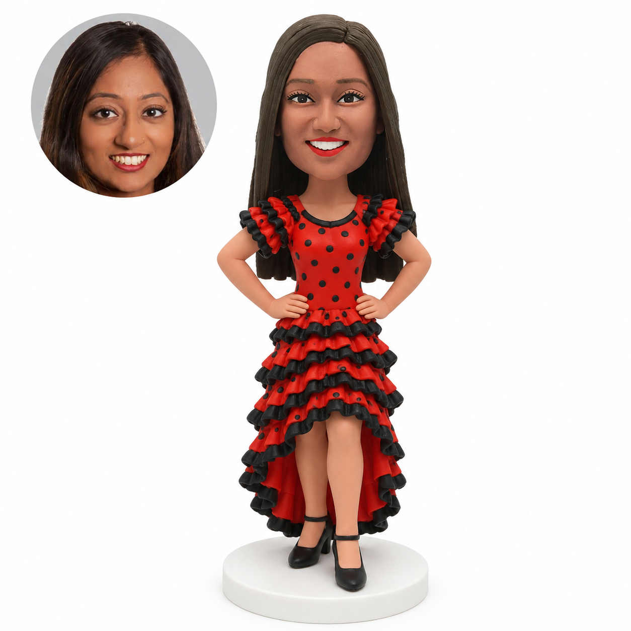 custom bobblehead figure female flamenco dancer in a layered high-low dress with both hands on her hips