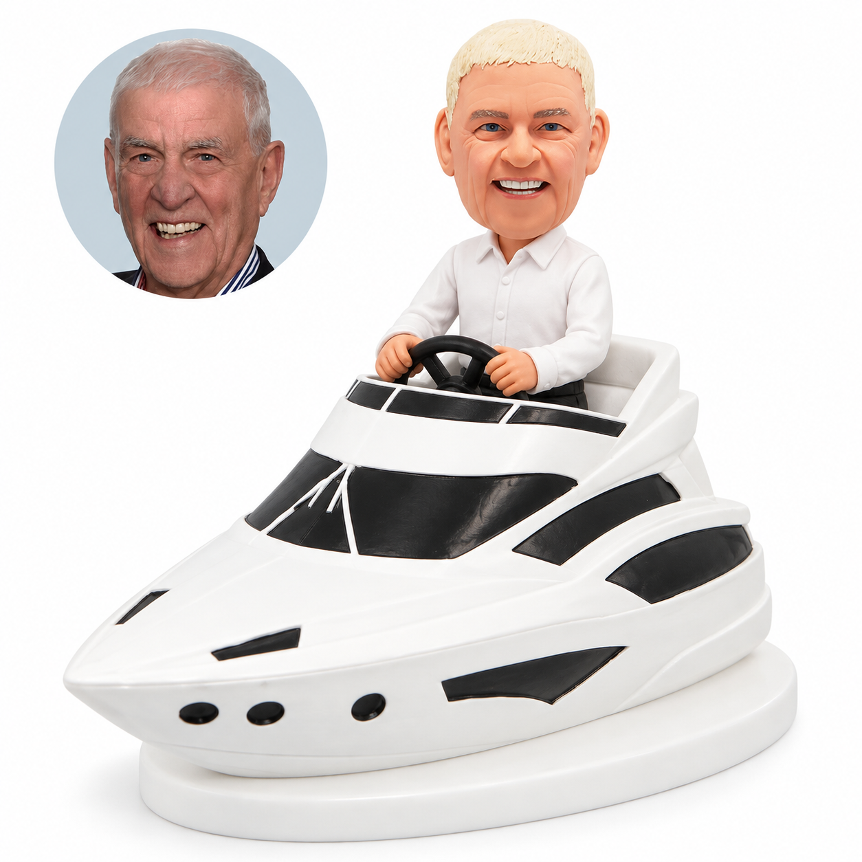 custom bobblehead figure man in a white shirt steering a cabin motor yacht