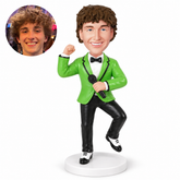 custom bobblehead figure male dancer in a green blazer lifting one knee with a microphone
