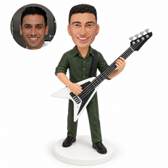 custom bobblehead figure male bassist in a collared shirt playing a V-shaped four-string electric bass