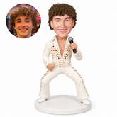 custom bobblehead figure stage singer in a white jumpsuit holding a microphone