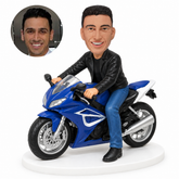 custom bobblehead figure motorcycle rider in a leather jacket and jeans