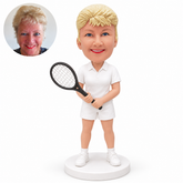 custom bobblehead figure female tennis player in a polo shirt and shorts
