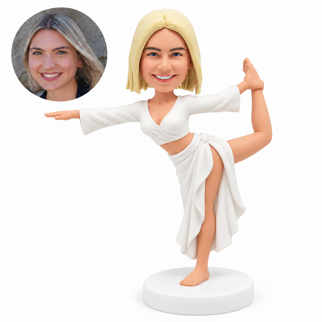 custom bobblehead figure woman in a cropped blouse and long split skirt holding one raised foot