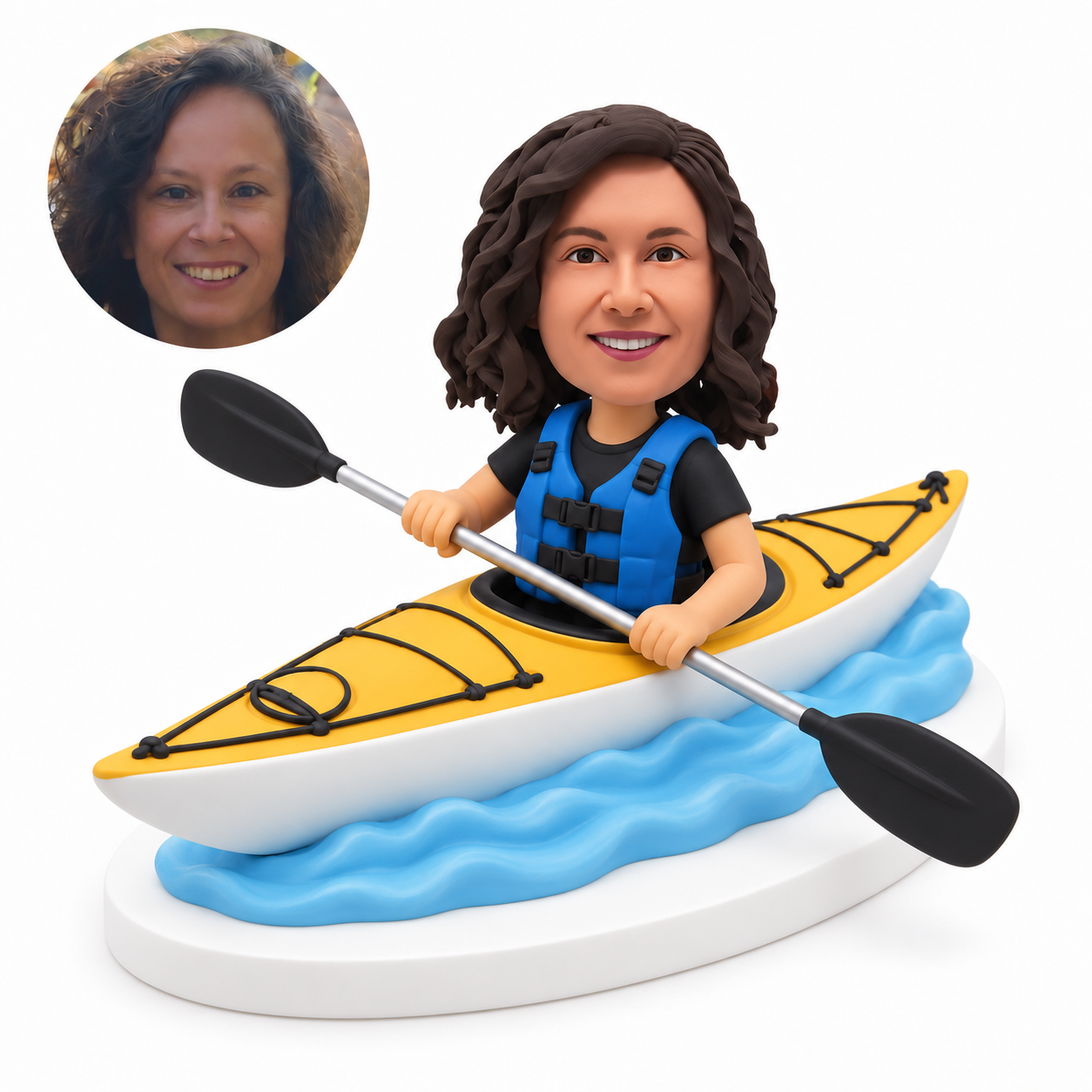 custom bobblehead figure female kayaker in a life vest holding a double-bladed paddle in a touring kayak
