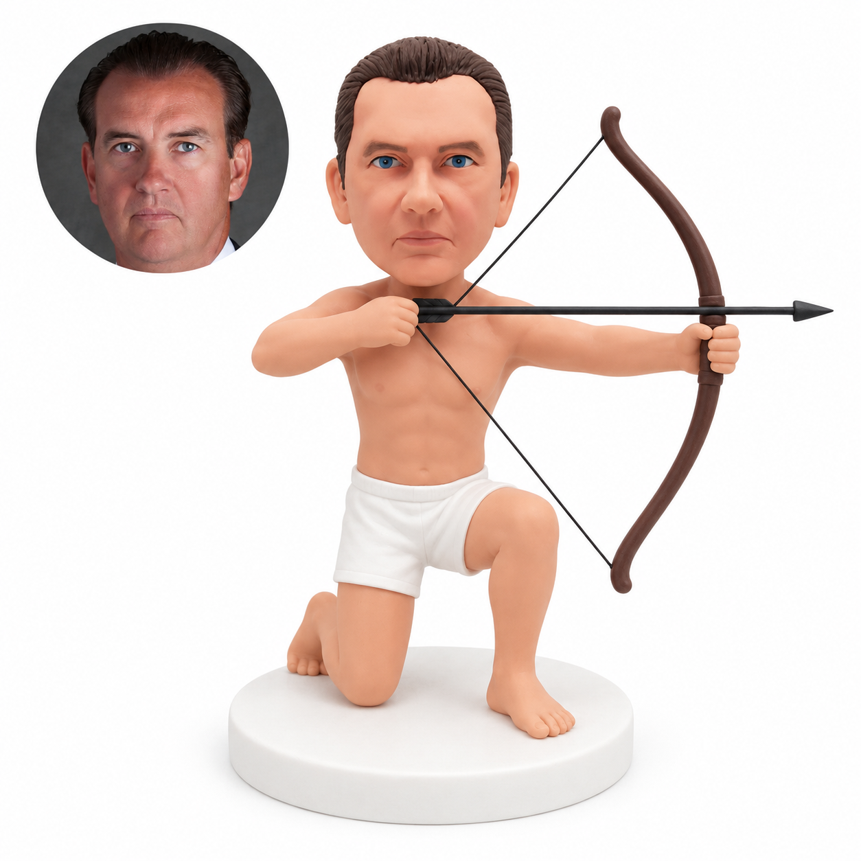 custom bobblehead figure male archer in white shorts kneeling on one knee drawing a bow