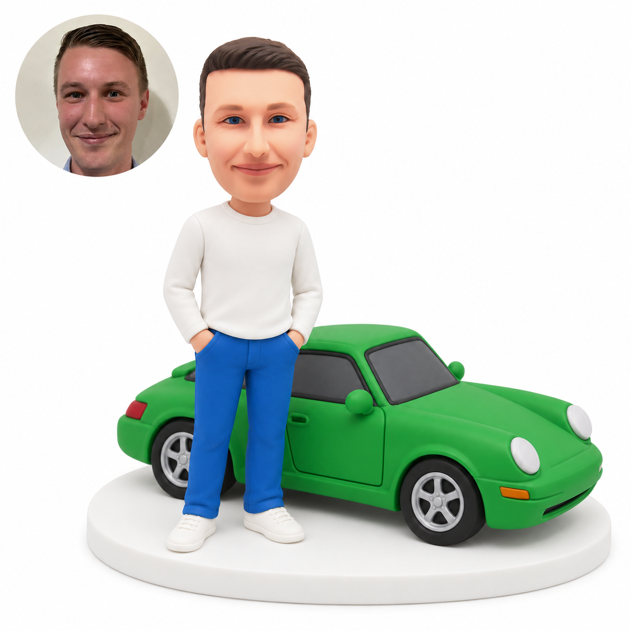 custom bobblehead figure man in a long-sleeve top and jeans standing beside a hardtop sports coupe