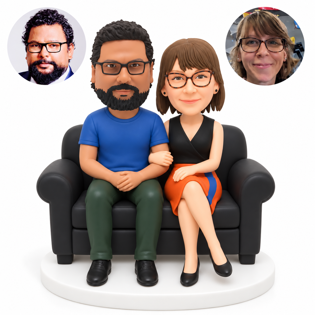 custom bobblehead figures casual couple seated together on a rolled-arm sofa with the man in a T-shirt and trousers and the woman in a cropped top and skirt