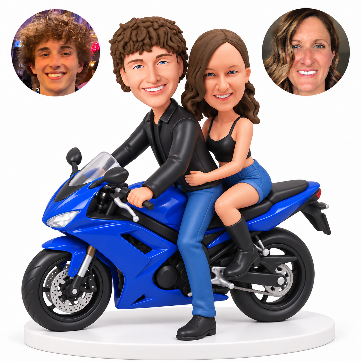 custom bobblehead figures couple riding a sport motorcycle with the man in a jacket and jeans and the woman in a cropped top and denim shorts