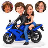 custom bobblehead figures couple riding a sport motorcycle with the man in a jacket and jeans and the woman in a cropped top and denim shorts