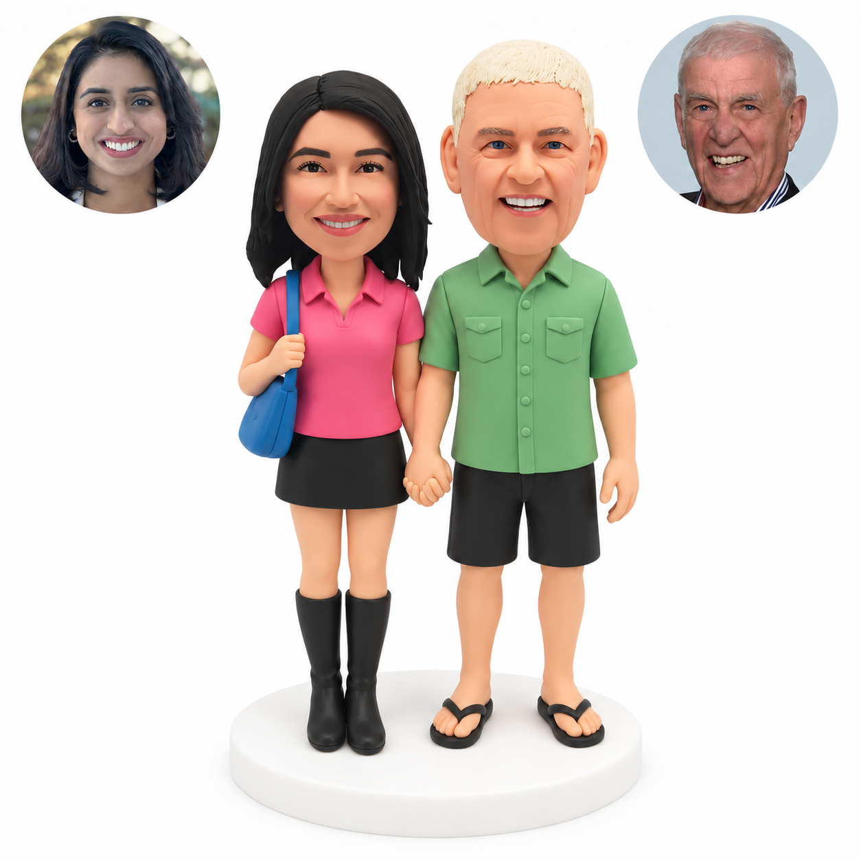 custom bobblehead figures couple holding hands with the man in a button-front shirt and shorts and the woman in a polo top and short skirt