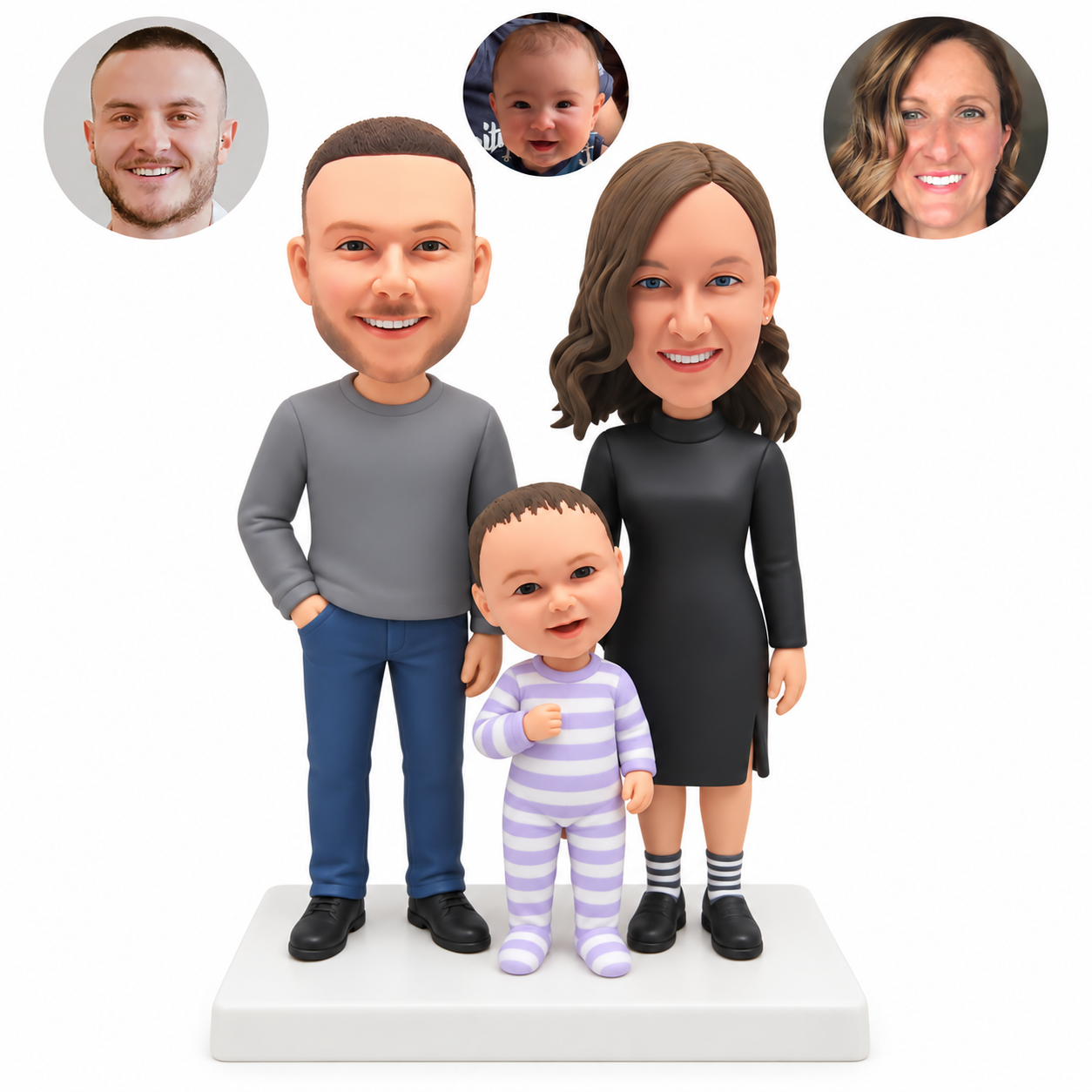 custom bobblehead figures family with a father and mother standing behind a baby in a striped footed onesie