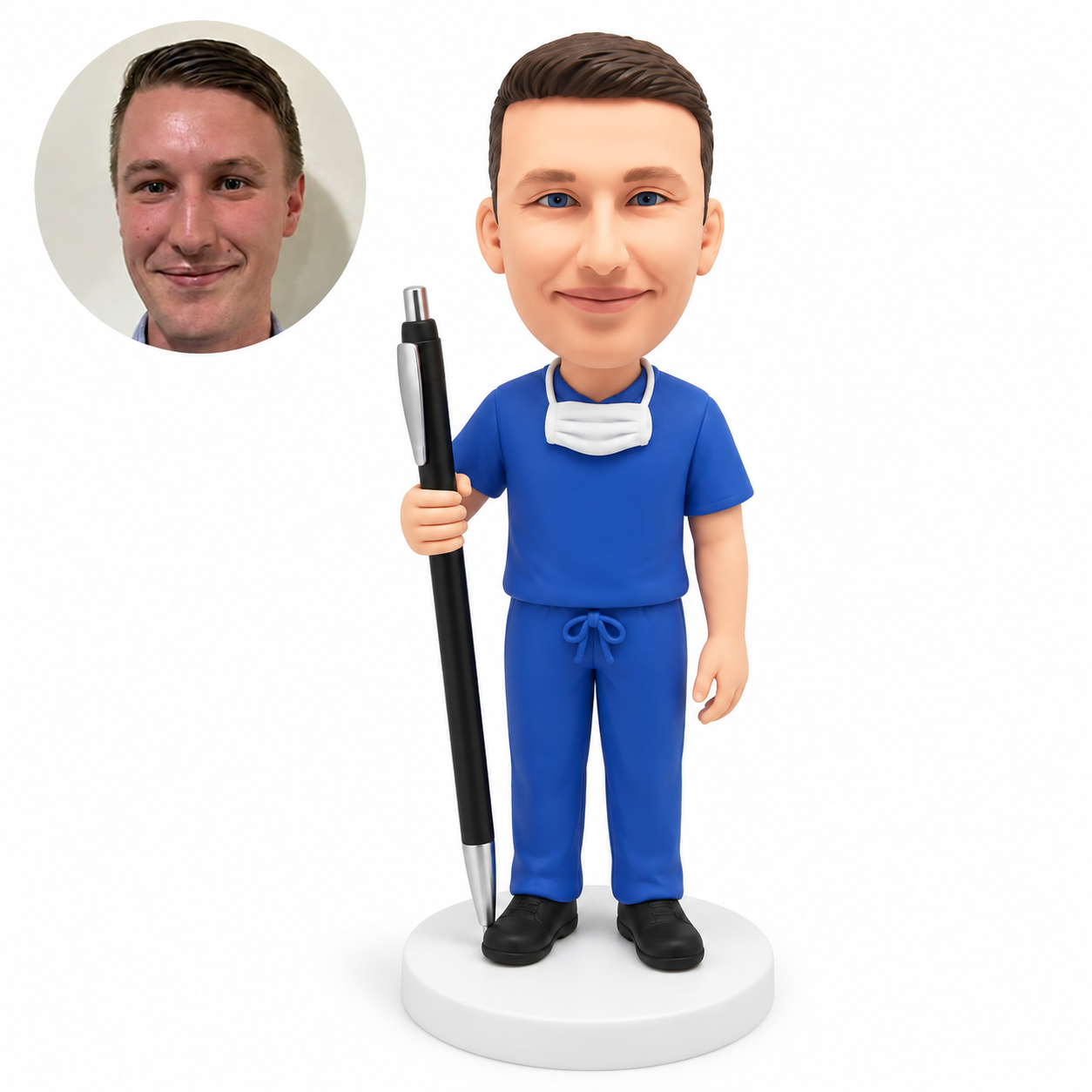 custom bobblehead figure dentist in scrubs holding a pen as a pen holder