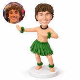custom bobblehead figure shirtless male hula dancer in a short grass skirt with one arm extended