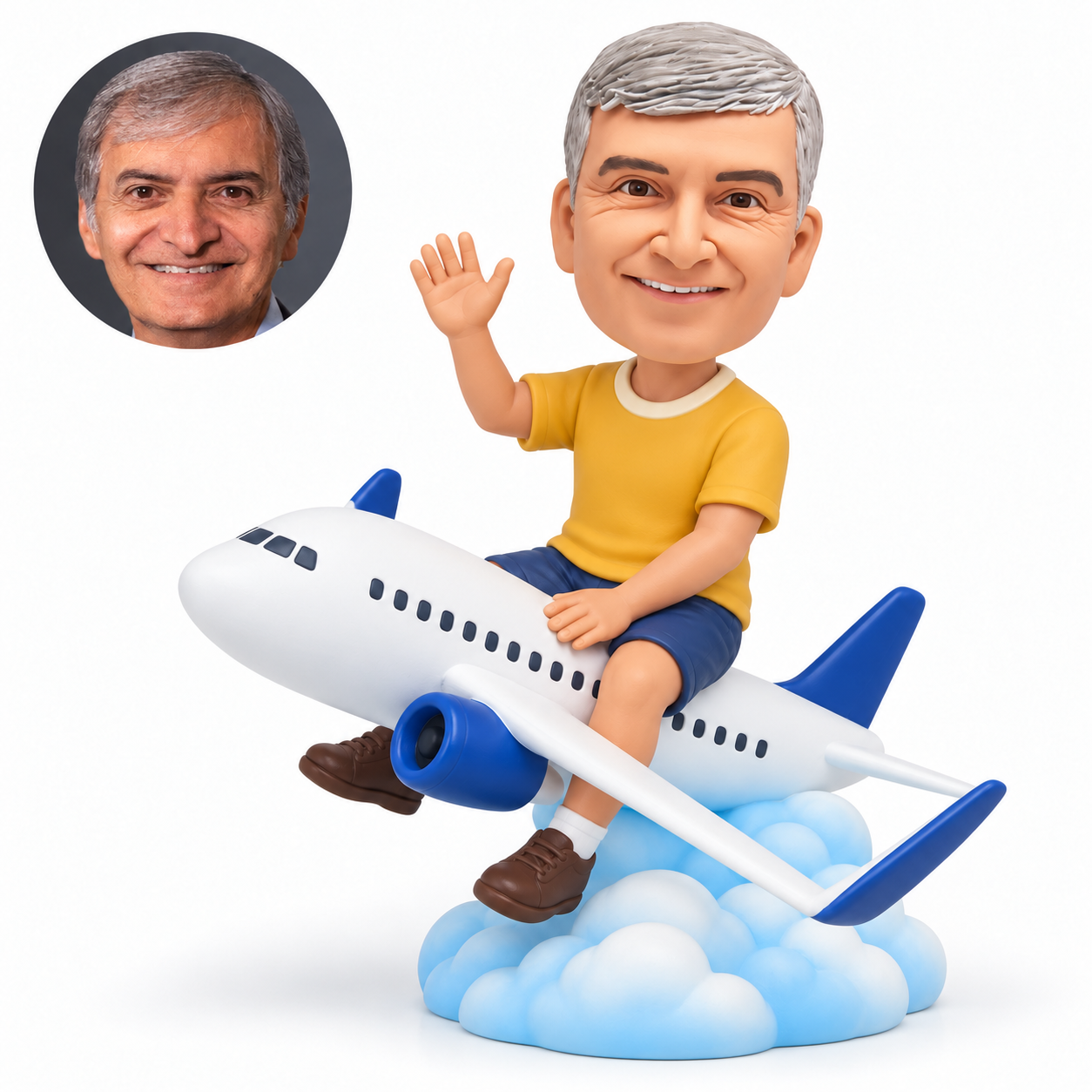 Waving traveler seated astride a miniature passenger airplane on a blue-and-white sculpted cloud base.