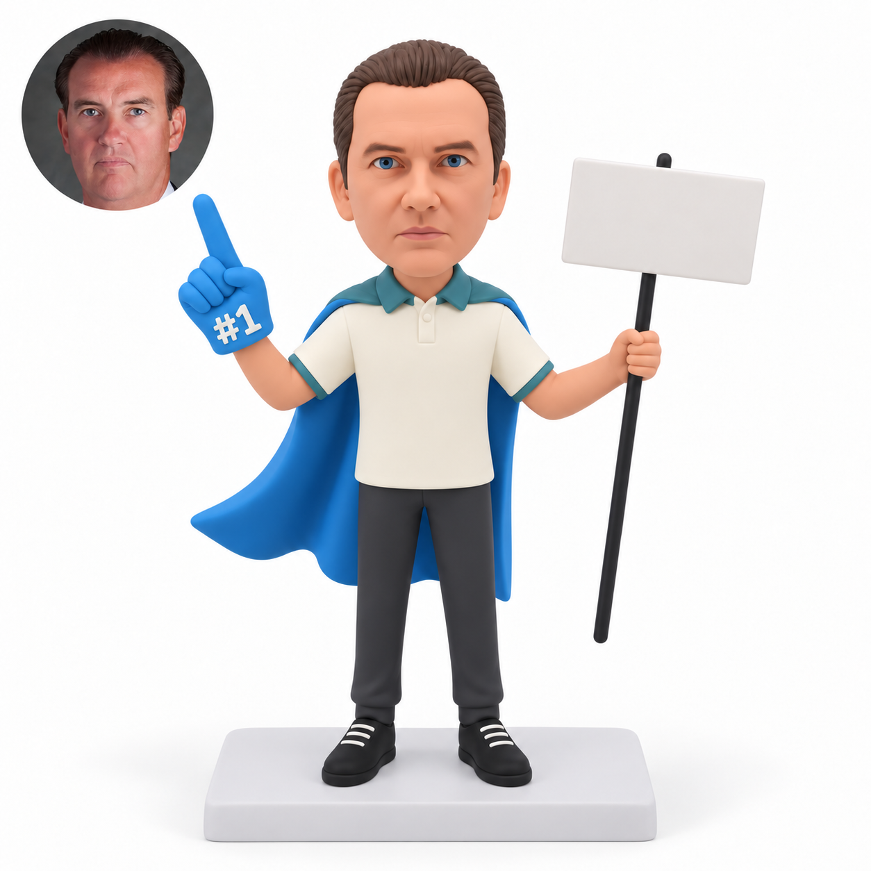 custom bobblehead figure coach raising a foam finger and holding a pole sign in a cape