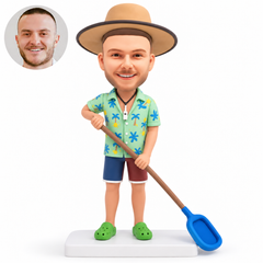 custom bobblehead figure pool cleaner holding a long skimmer with both hands in shorts and clogs