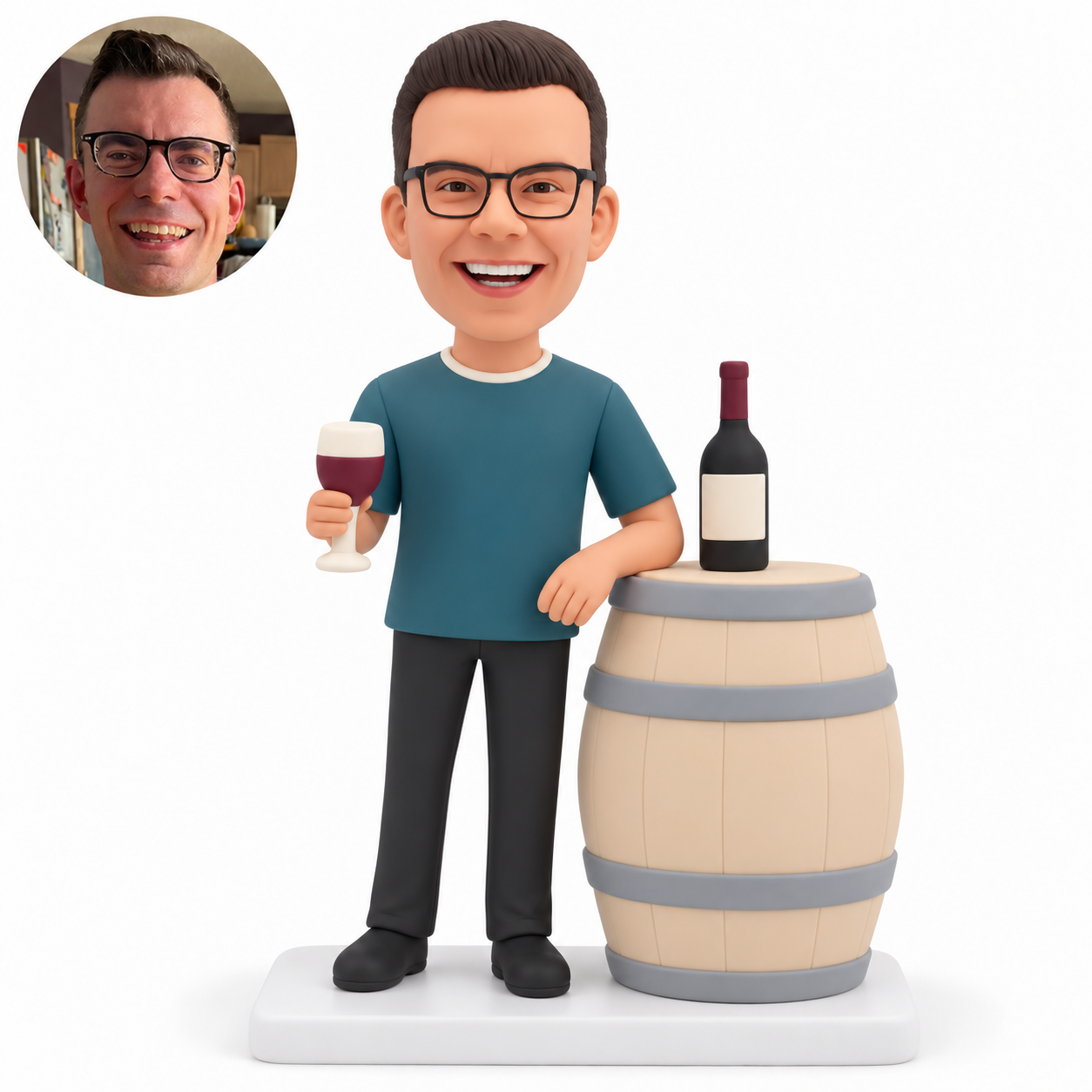 custom bobblehead figure man holding a foamy goblet beside a large barrel topped with a bottle