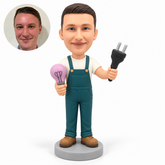 custom bobblehead figure handyman holding an oversized light bulb and two-prong plug