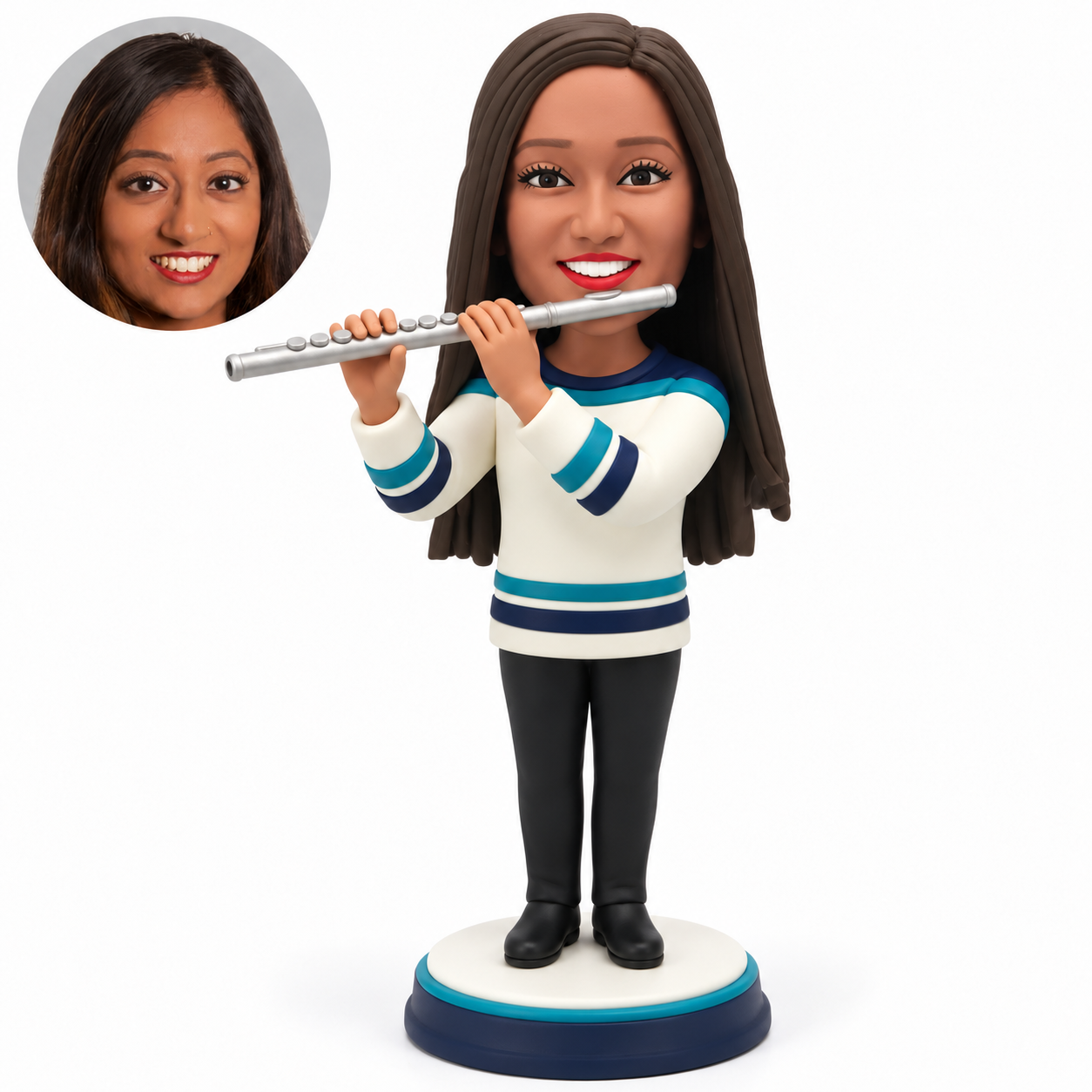 custom bobblehead figure female musician playing a transverse flute in a striped jersey