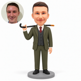 custom bobblehead figure male detective resting a hooked cane across his shoulders