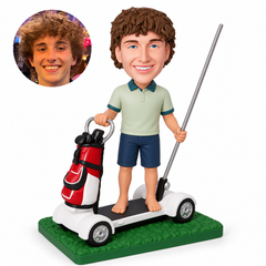 custom bobblehead figure male golfer standing barefoot on a four-wheel golfboard beside a golf bag