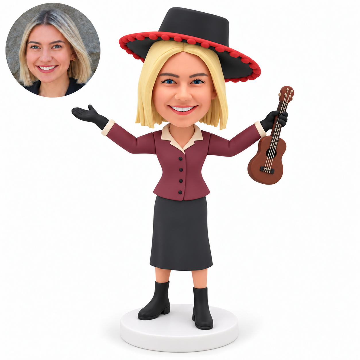 custom bobblehead figure female musician raising a ukulele with one hand beneath a wide-brim hat
