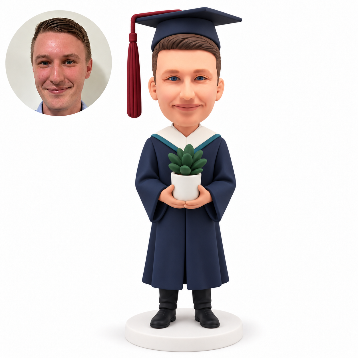 custom bobblehead figure male biology graduate holding a potted plant with both hands
