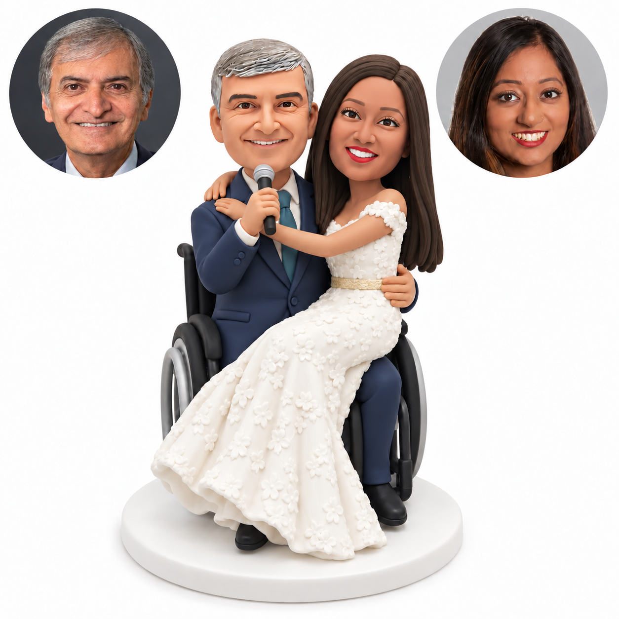 custom bobblehead figures wedding couple with the bride on the lap of a groom in a wheelchair holding a microphone