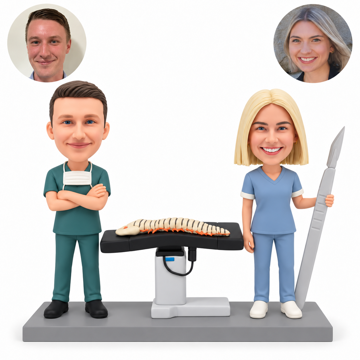 custom bobblehead figures doctor and nurse couple beside a spine model table with a giant scalpel