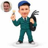 custom bobblehead figure male electrician holding a light bulb and a coil of cable