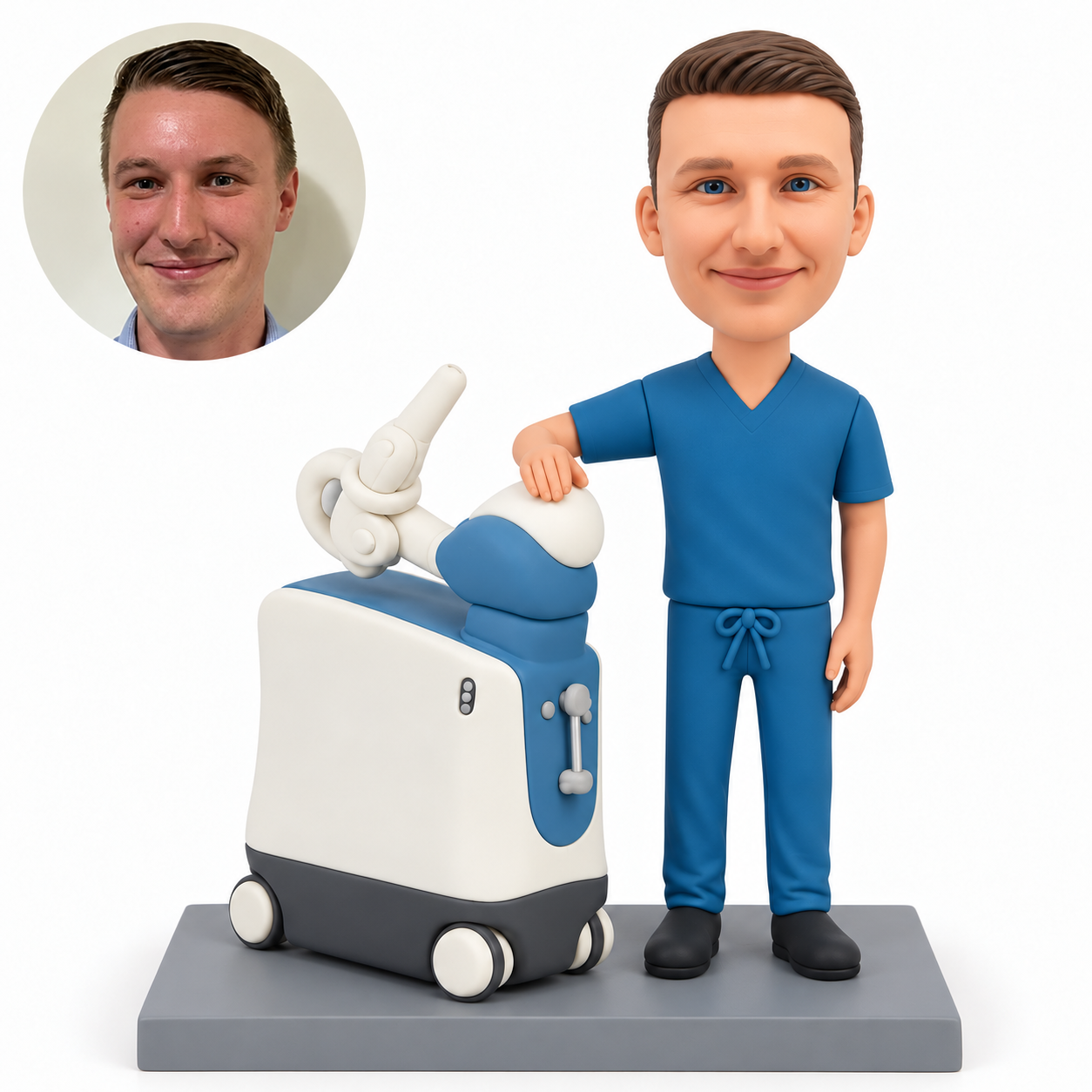 custom bobblehead figure male orthopedic doctor beside a mobile knee robot model