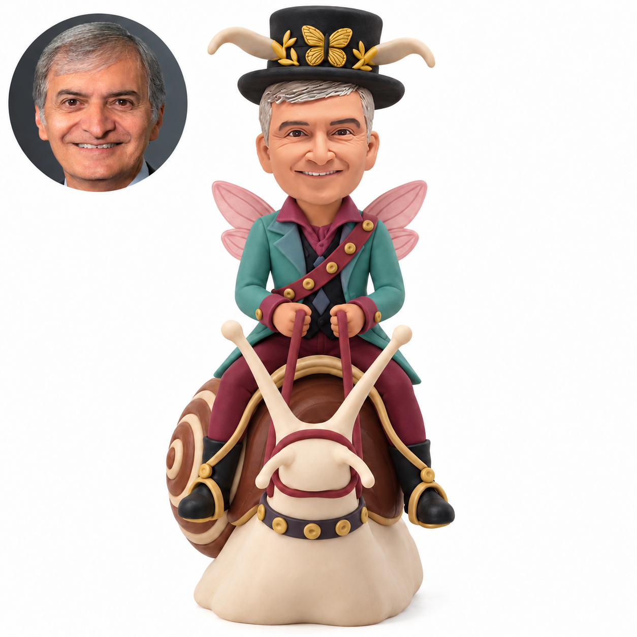 custom bobblehead figure male fantasy rider seated on a giant decorative snail