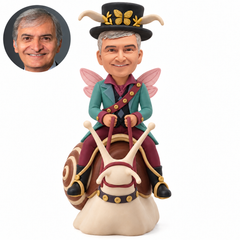 custom bobblehead figure male fantasy rider seated on a giant decorative snail