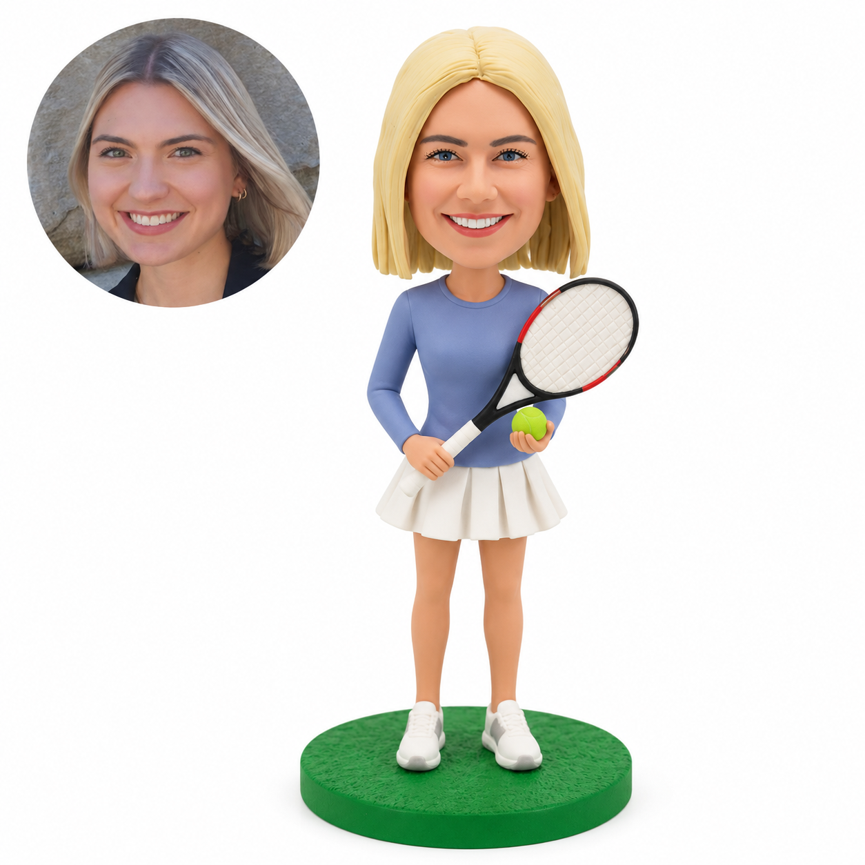 custom bobblehead figure female tennis player holding a ball and diagonal racket