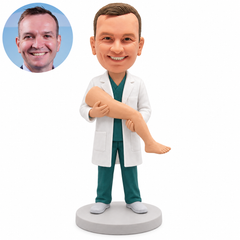 custom bobblehead figure podiatrist holding a bent anatomical leg model with both hands