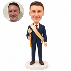 custom bobblehead figure male homecoming king in a suit holding a scepter