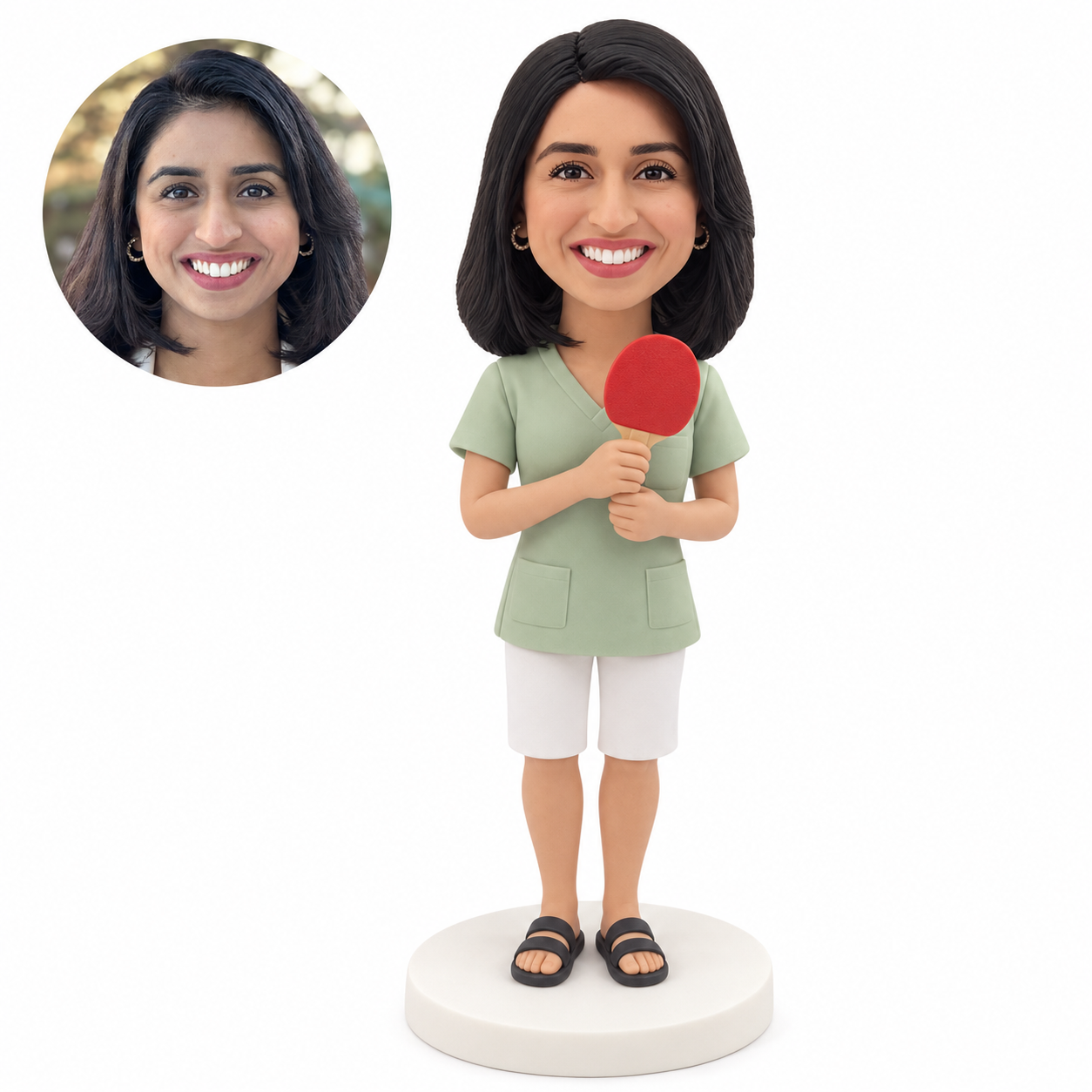 custom bobblehead figure female nurse holding a table tennis paddle at her chest