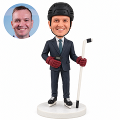 custom bobblehead figure male hockey coach in a helmet holding a stick and timer