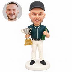 custom bobblehead figure male baseball player holding a trophy and drink bottle