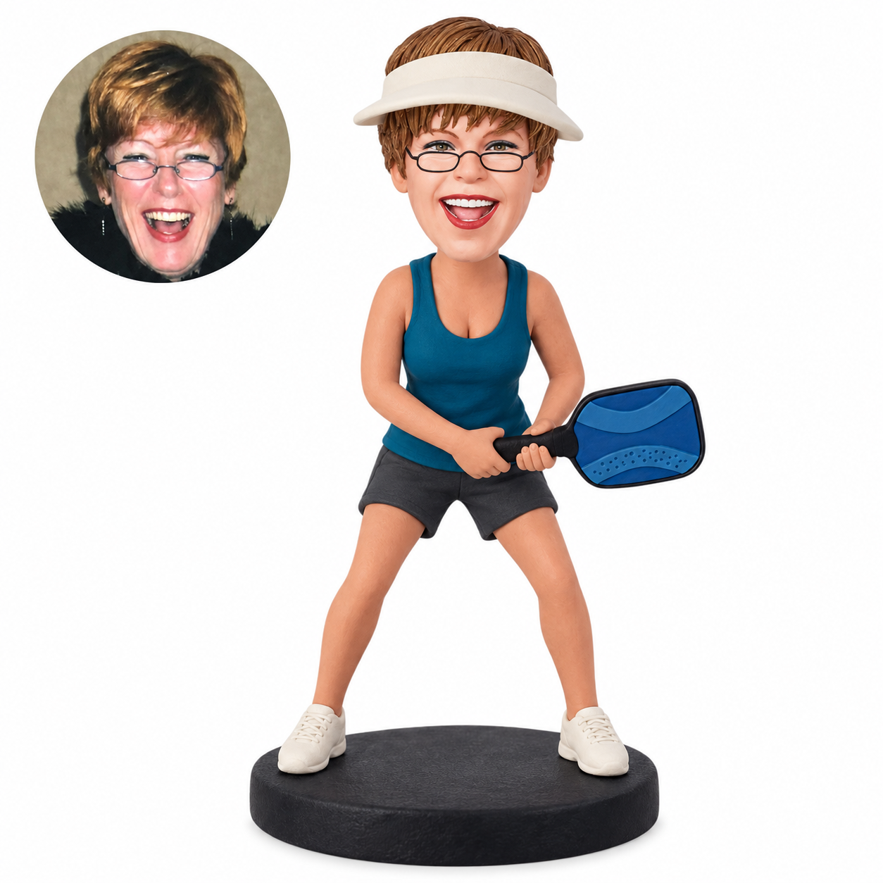 custom bobblehead figure female pickleball player in a wide two-hand ready stance
