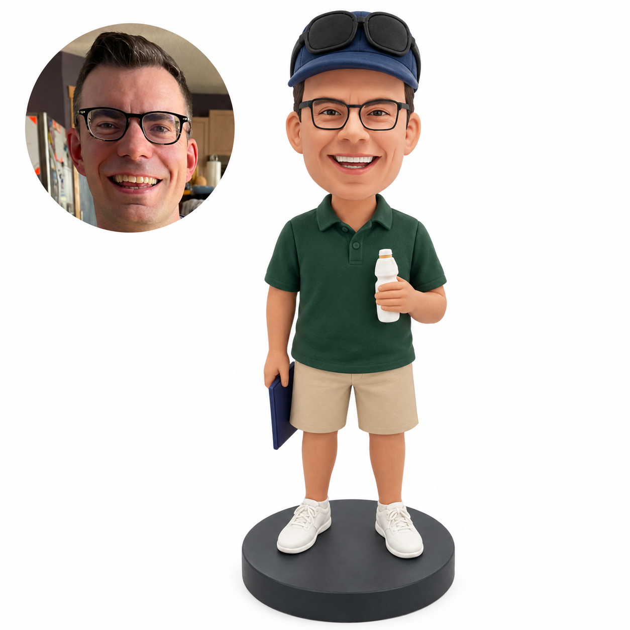custom bobblehead figure male sports coach holding a water bottle and clipboard