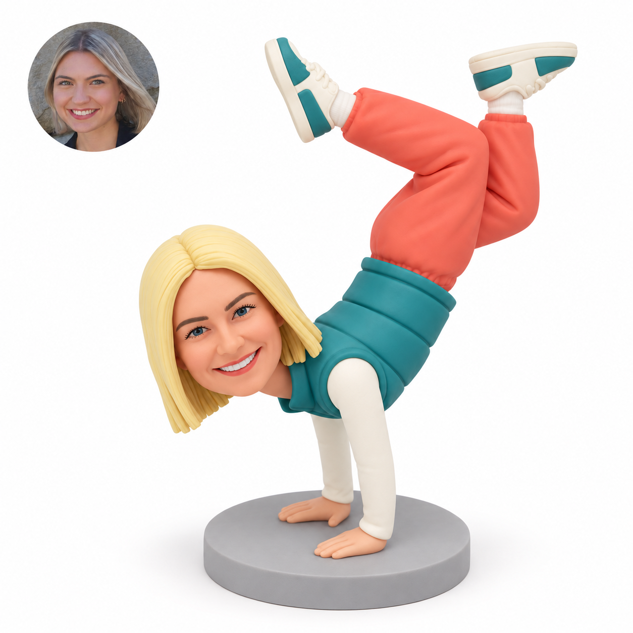 custom bobblehead figure female street dancer balancing on both hands with bent knees
